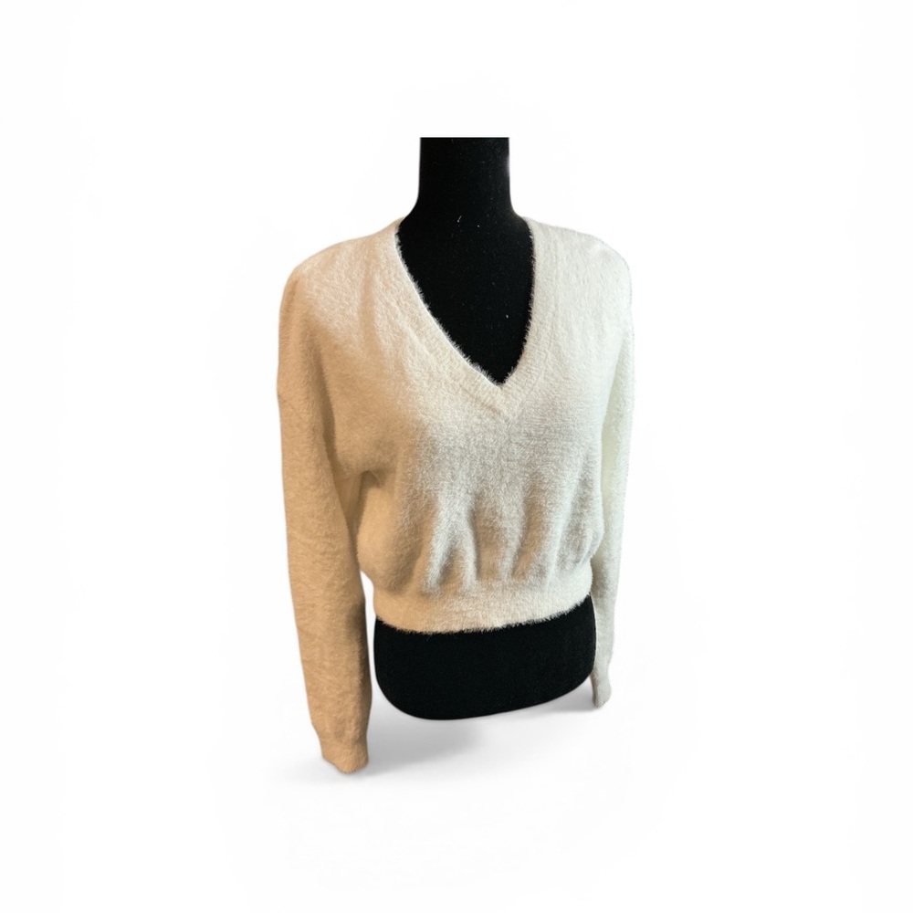 V-Neck Cream Fuzzy Knit Women's Sweater